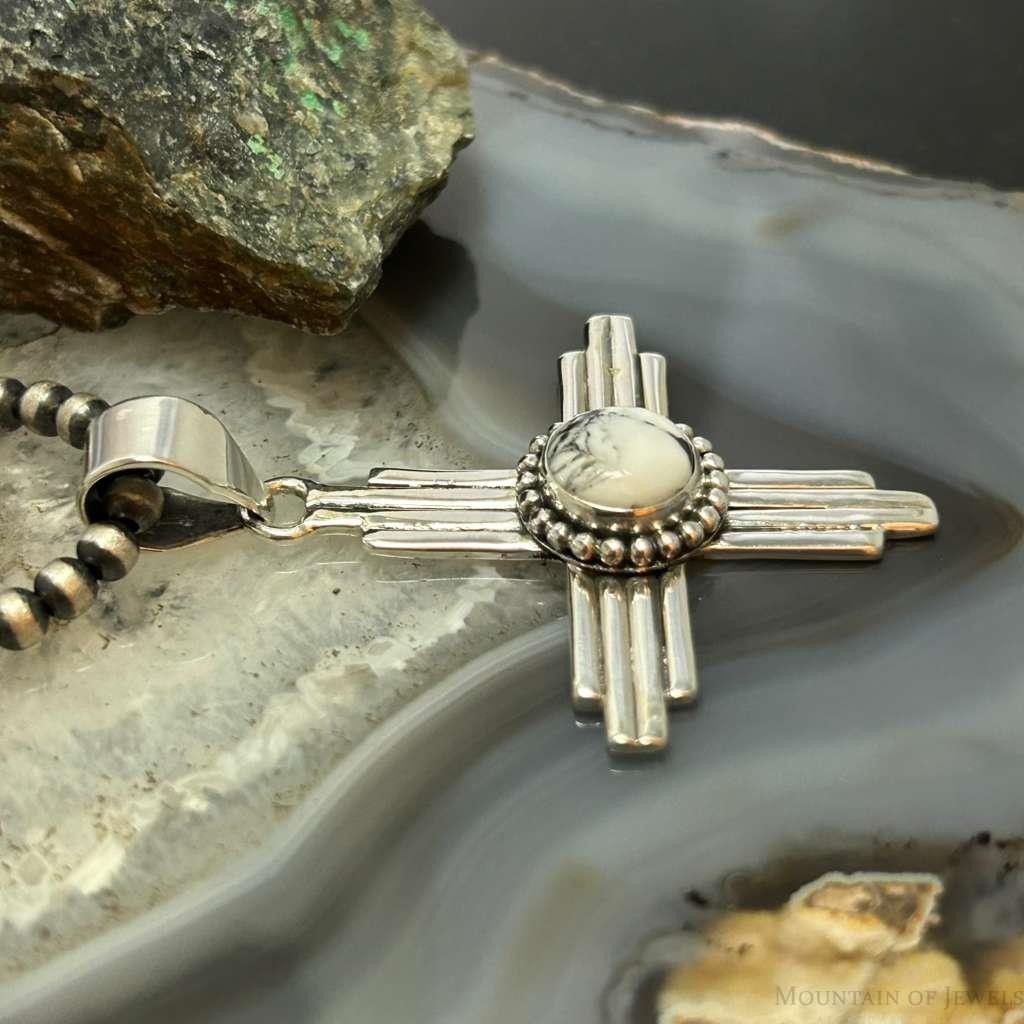 Sterling Silver Southwestern Style Rounded White Buffalo Unisex Zia Pendant