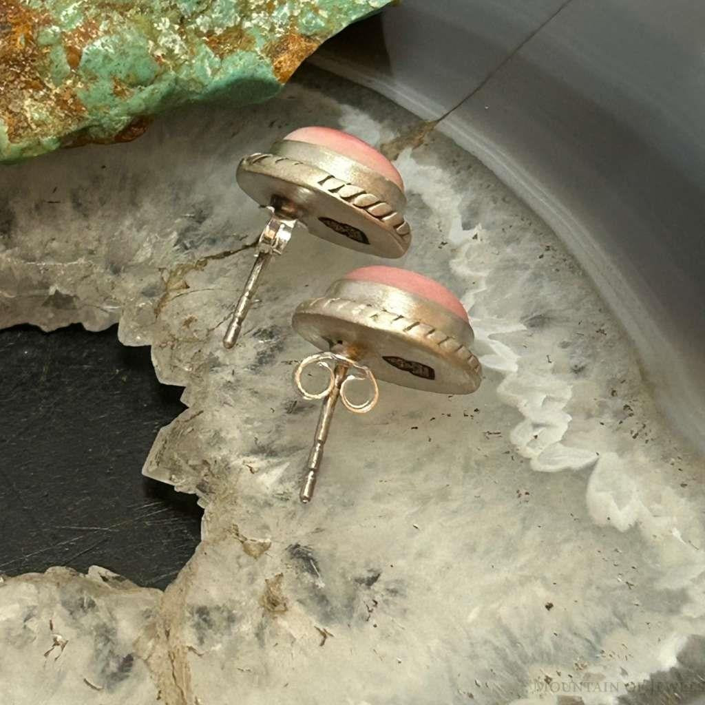 Sterling Silver Southwestern Style Oval Pink Conch Stud Earrings For Women