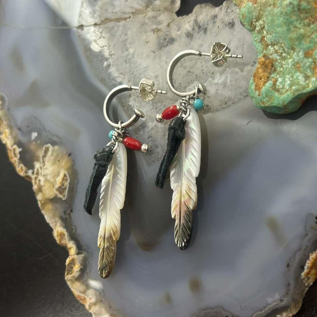 Carolyn Pollack Southwestern Style Sterling Silver MOP Etched Feather Dangle Earrings
