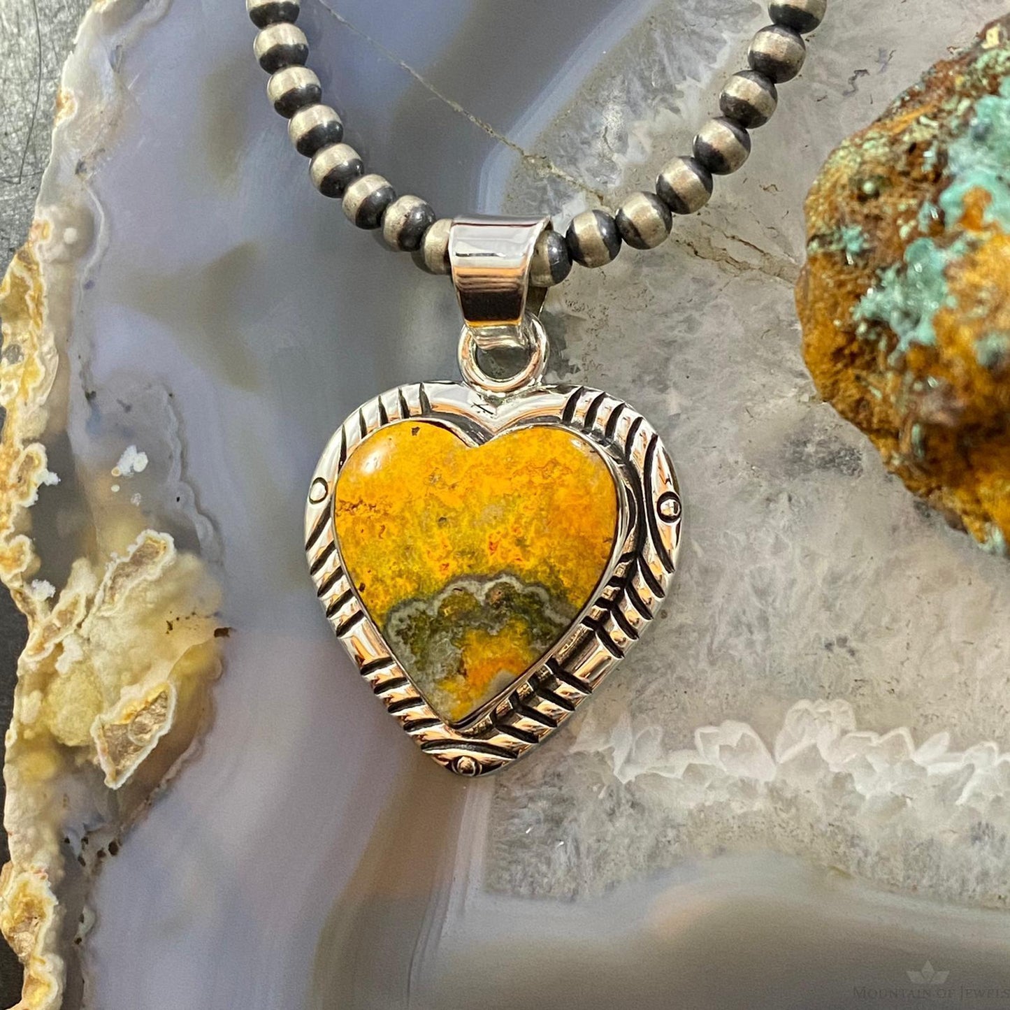 Native American Sterling Silver Heart Shape Bumblebee Jasper Pendant For Women