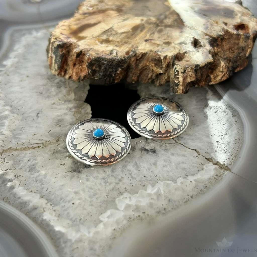 Native American Sterling Silver Concho w/Turquoise Dot Stud Earrings For Women