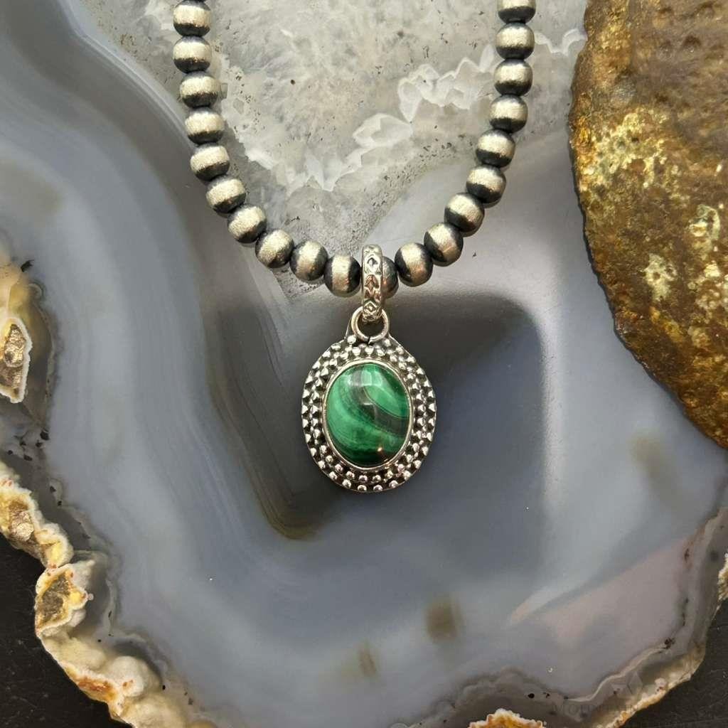 Sterling Silver Southwestern Style Oval Malachite Decorated Charm/Pendant For Women