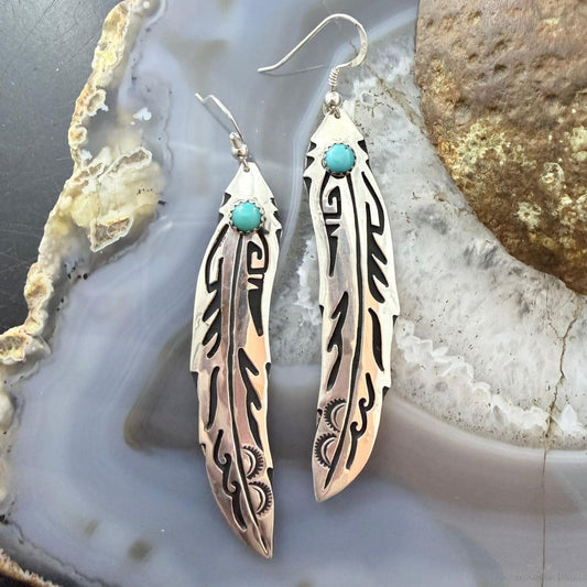 Tommy & Rosita Singer Sterling Overlay Turquoise Dot Feather Dangle Earrings For Women