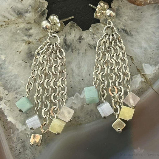 Carolyn Pollack Sterling Silver Tiny Multi Stone Cube Bead Chandelier Earrings For Women