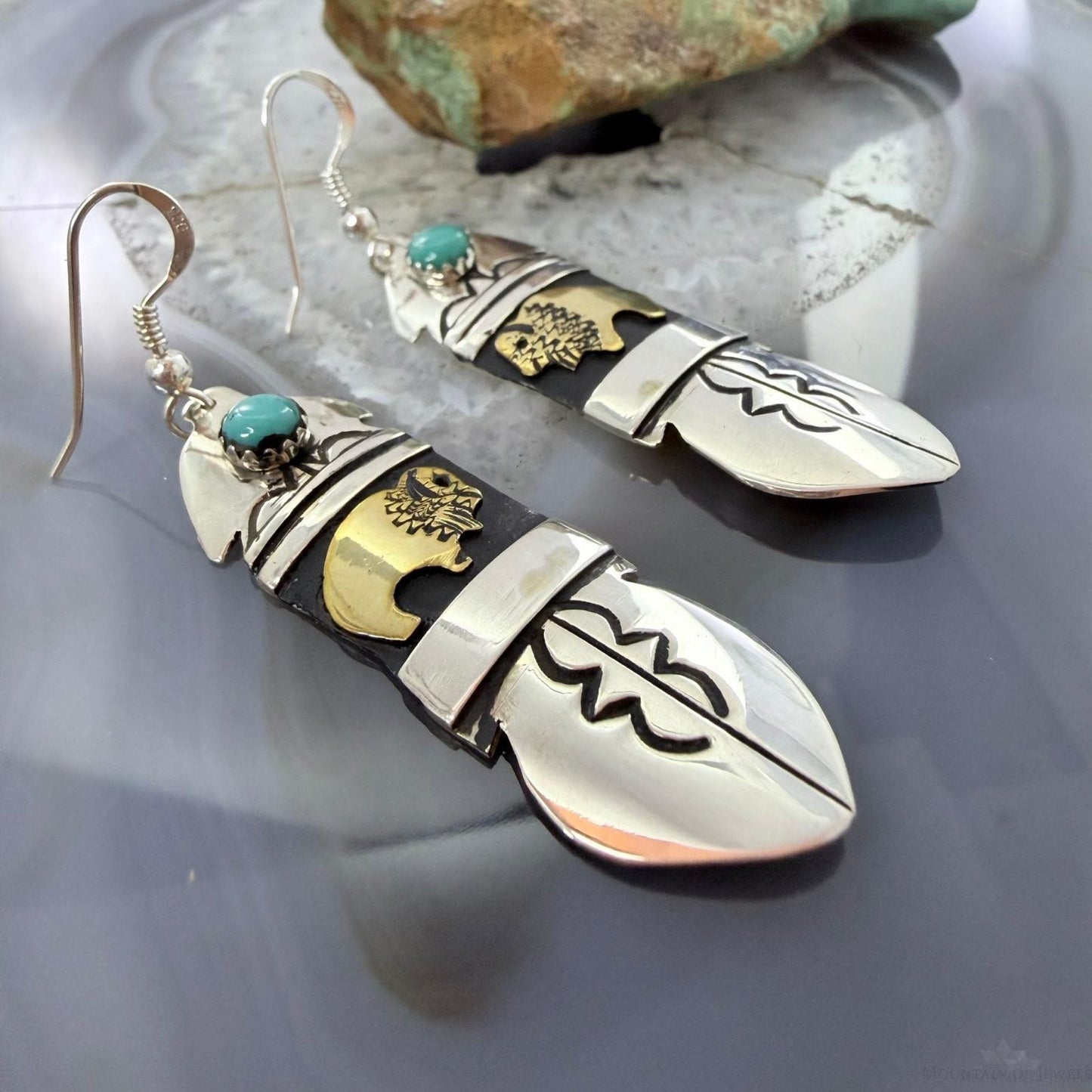 Tommy & Rosita Singer Sterling Silver & GF Bison w/Turquoise Dot Dangle Earrings For Women