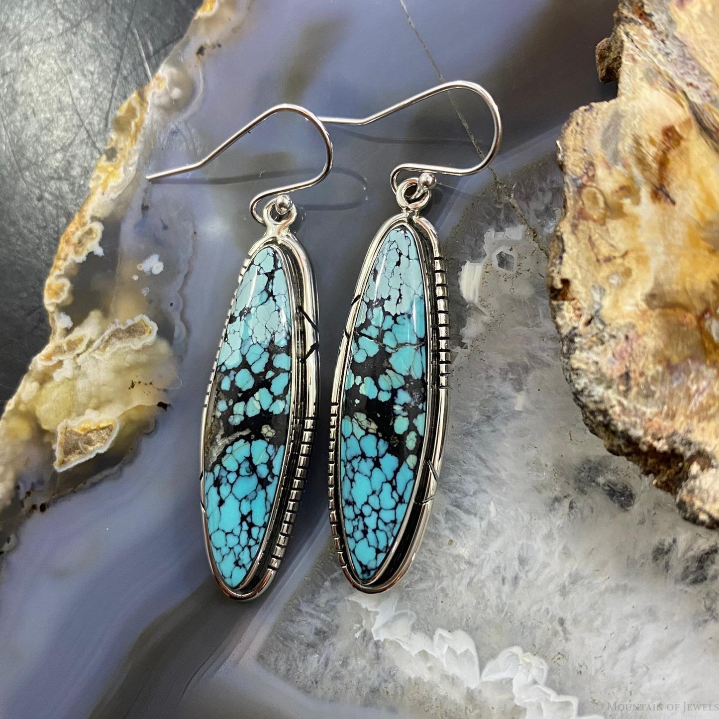 Native American Sterling Silver Marquise Chinese Turquoise Dangle Earrings