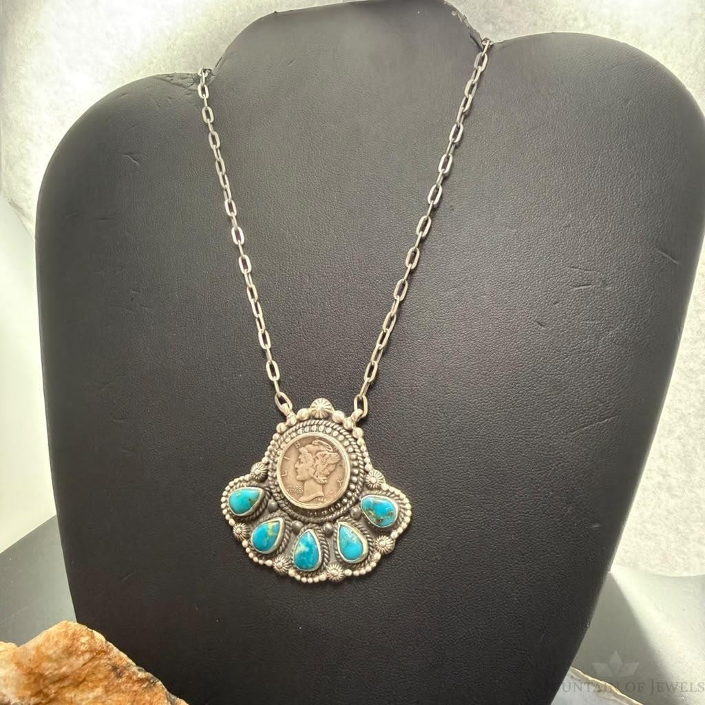 Sterling Silver Southwestern Style 1944 Mercury Dime & Kingman Turquoise Necklace For Women