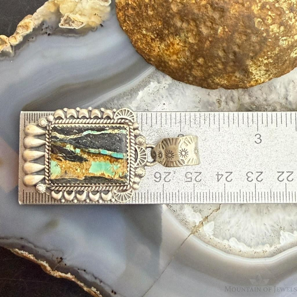 Sterling Silver Southwestern Style Square Blackjack Turquoise Decorated Pendant #1