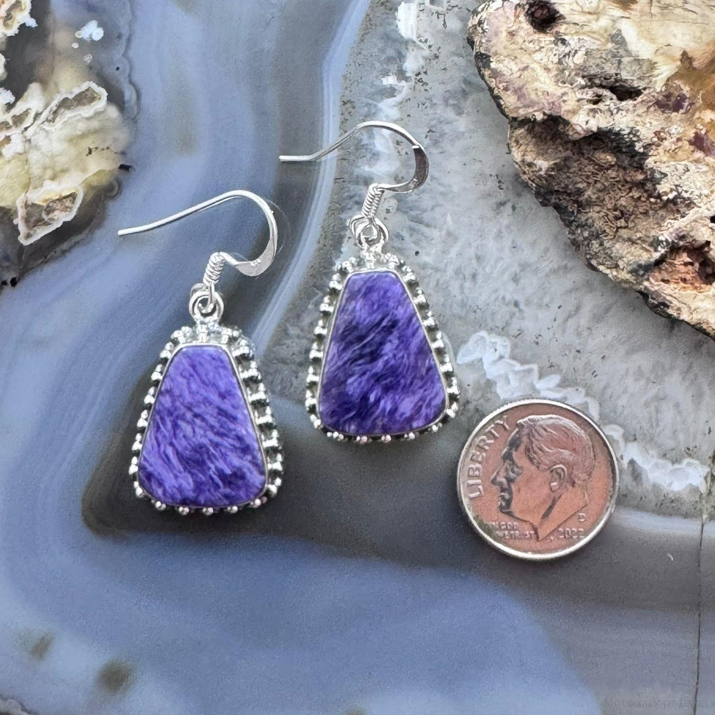 Sterling Silver Southwestern Style Trapezoid Charoite Decorated Dangle Earrings For Women