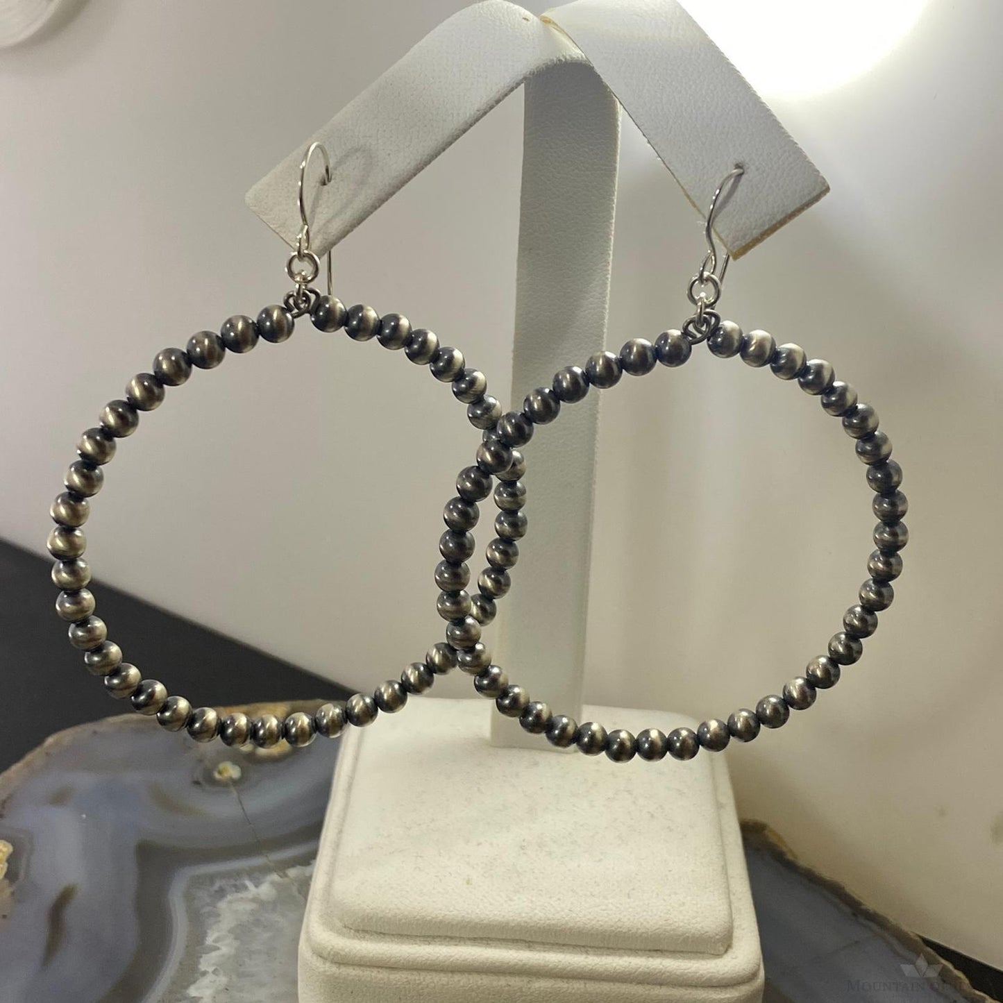 Native American Sterling Silver Navajo Pearl Beads 4mm Hoop Dangle Earrings