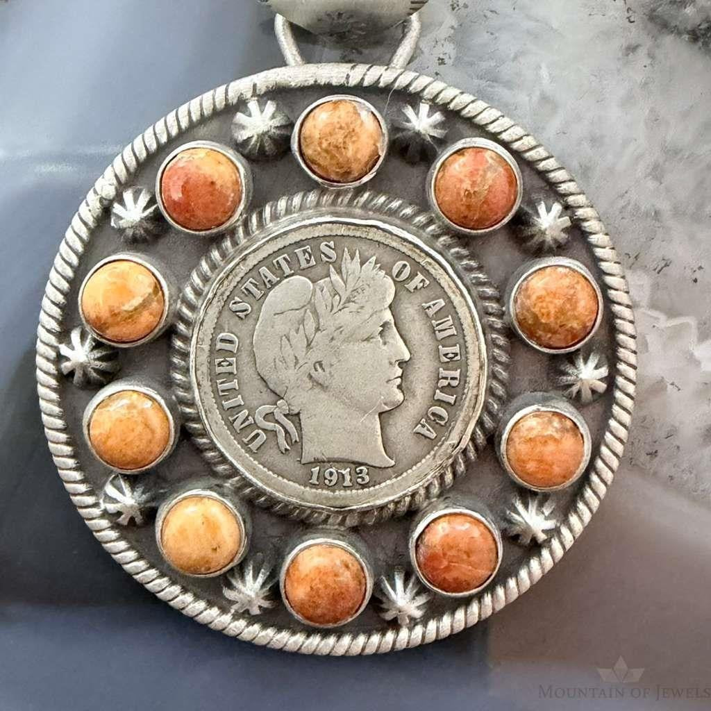 Genuine 1913 90% Silver Barber Head Dime Coin w/Orange Spiny Oyster Pendant