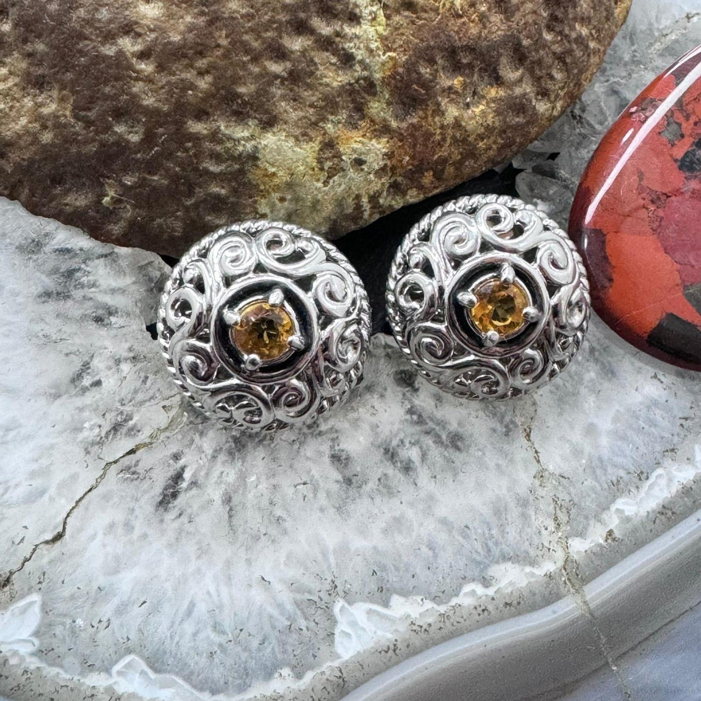 Carolyn Pollack Sterling Silver Faceted Round Citrine Omega Back Stud Earrings For Women