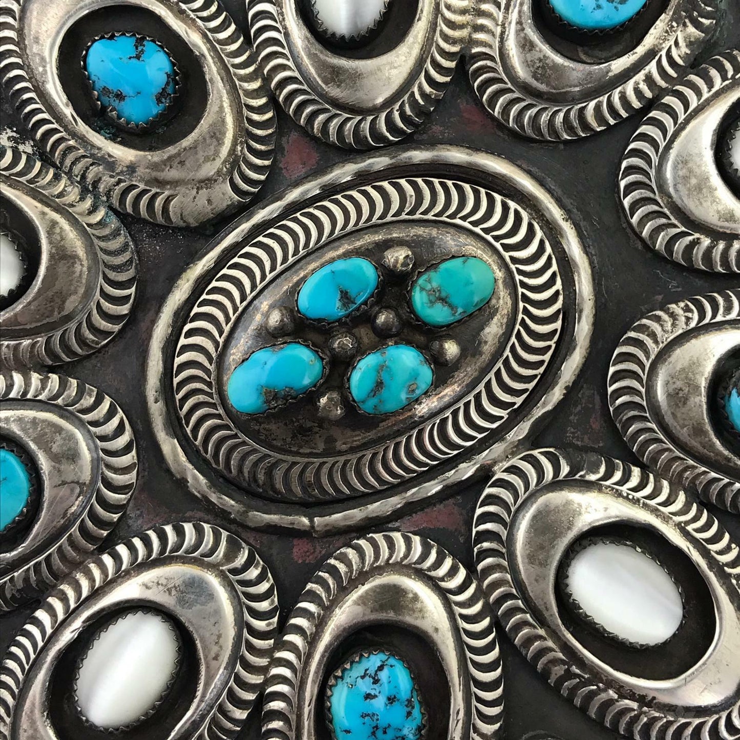 Heavy Silver Belt Buckle Turquoise Mother of Pearl and Onyx Oval Belt Buckle