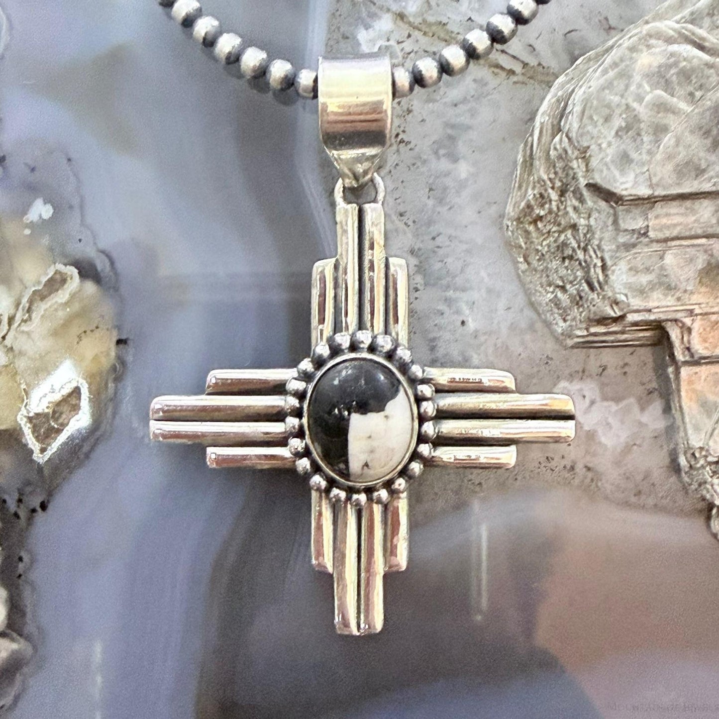 Sterling Silver Southwestern Style Oval White Buffalo Unisex Zia Pendant