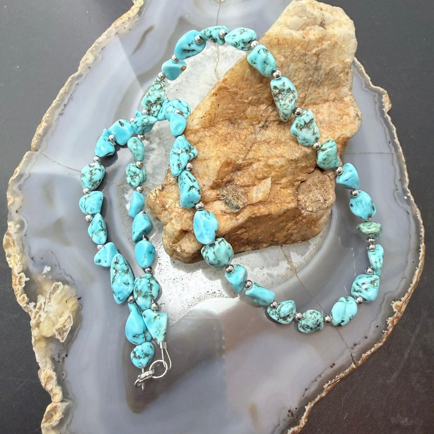 Sterling Silver Southwestern Style Natural Turquoise w/Silver Beads Necklace For Women