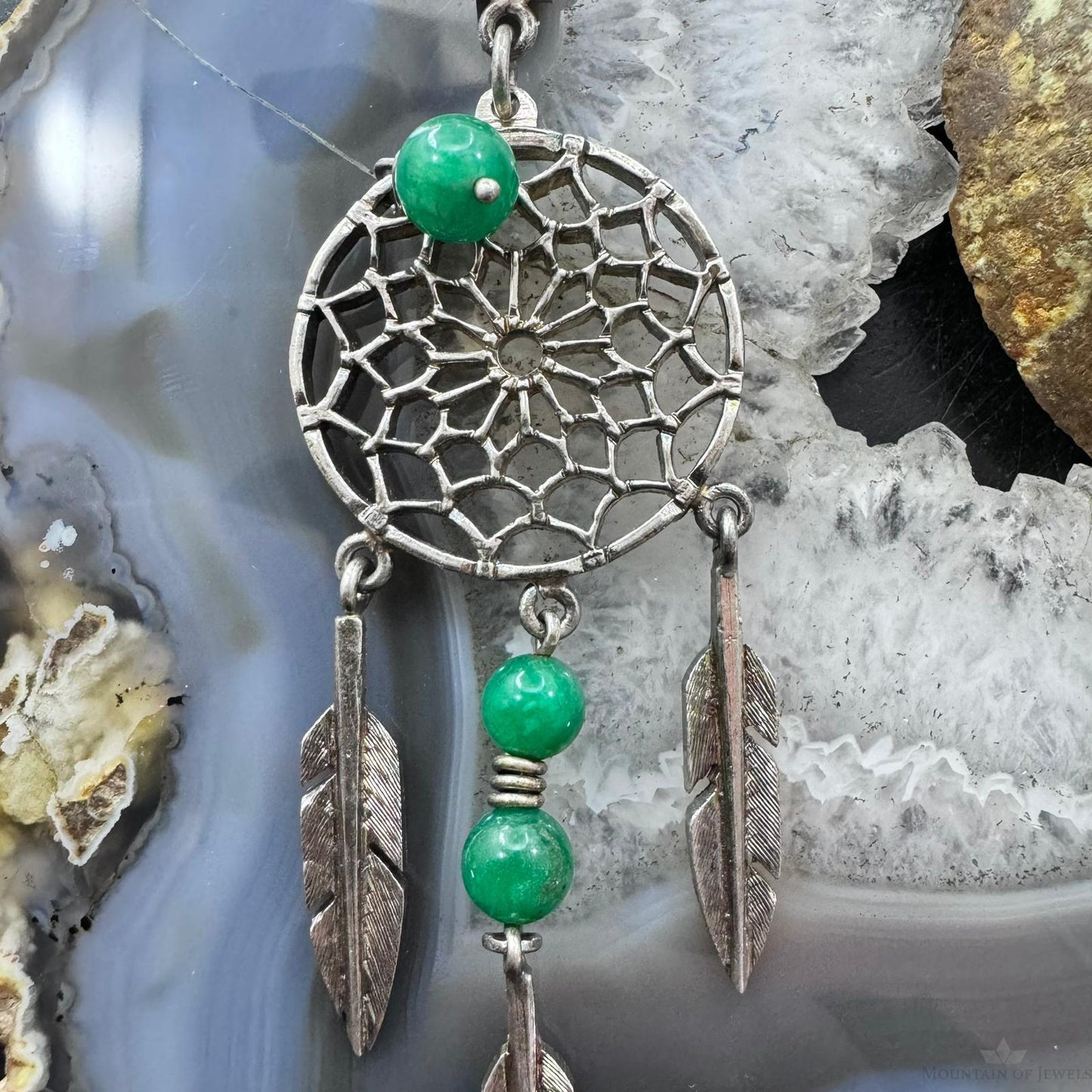 Vintage Native American Silver 3 Jade Beads Dreamcatcher Pendant For Women