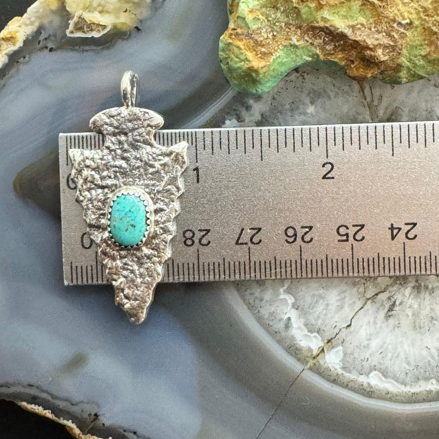 Gary Custer Native American Navajo Sterling Silver Tufa Cast Turquoise Arrowhead Unisex Pendant #2