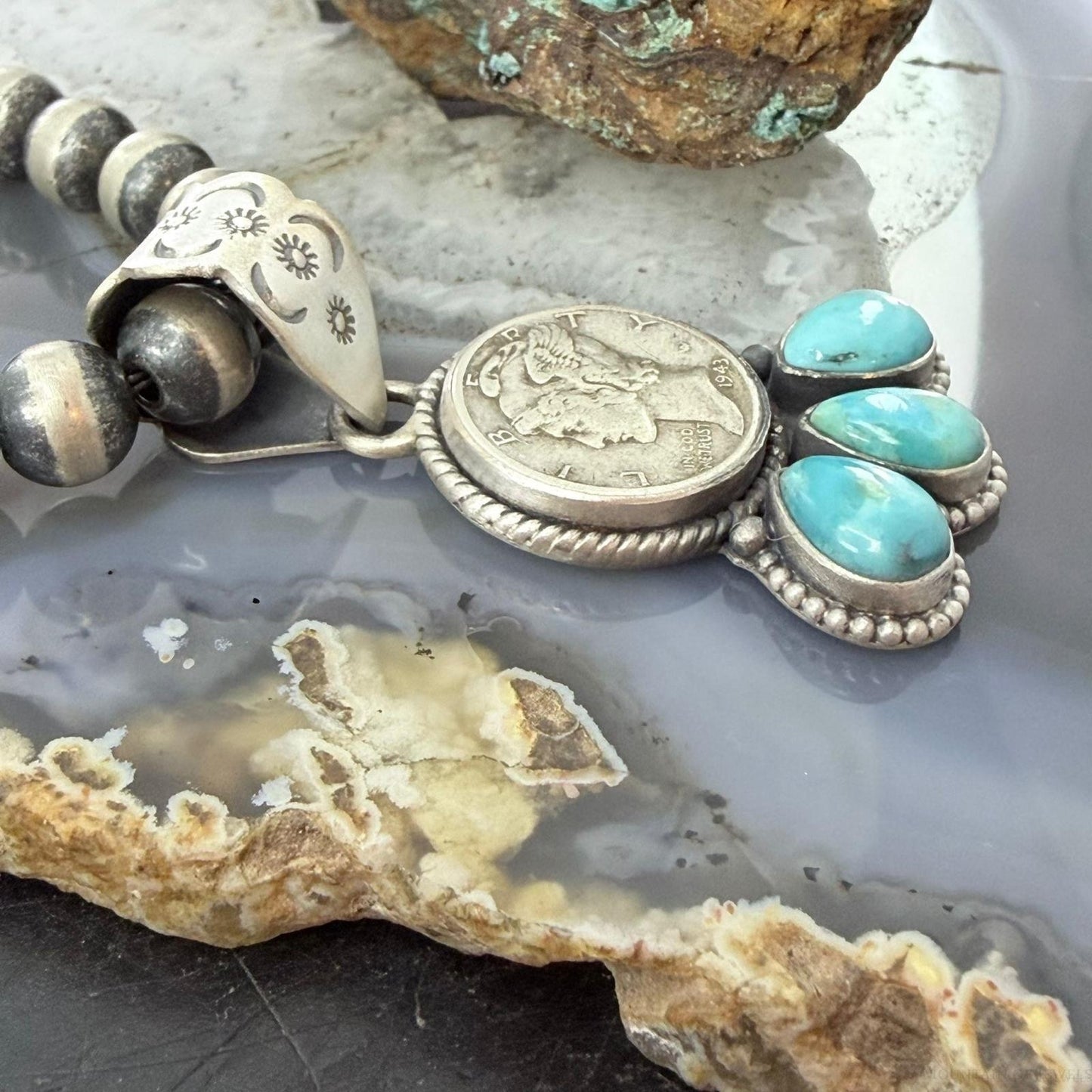 Genuine 1943 90% Silver Mercury Dime Coin w/Teardrop Turquoise Decorated Unisex Pendant