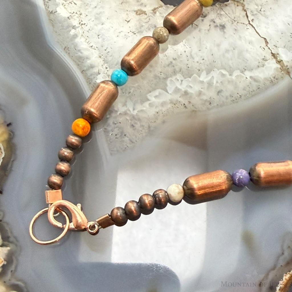 Southwestern Style Copper Navajo Pearl Round &Cylinder w/Multistone 18" Necklace For Women