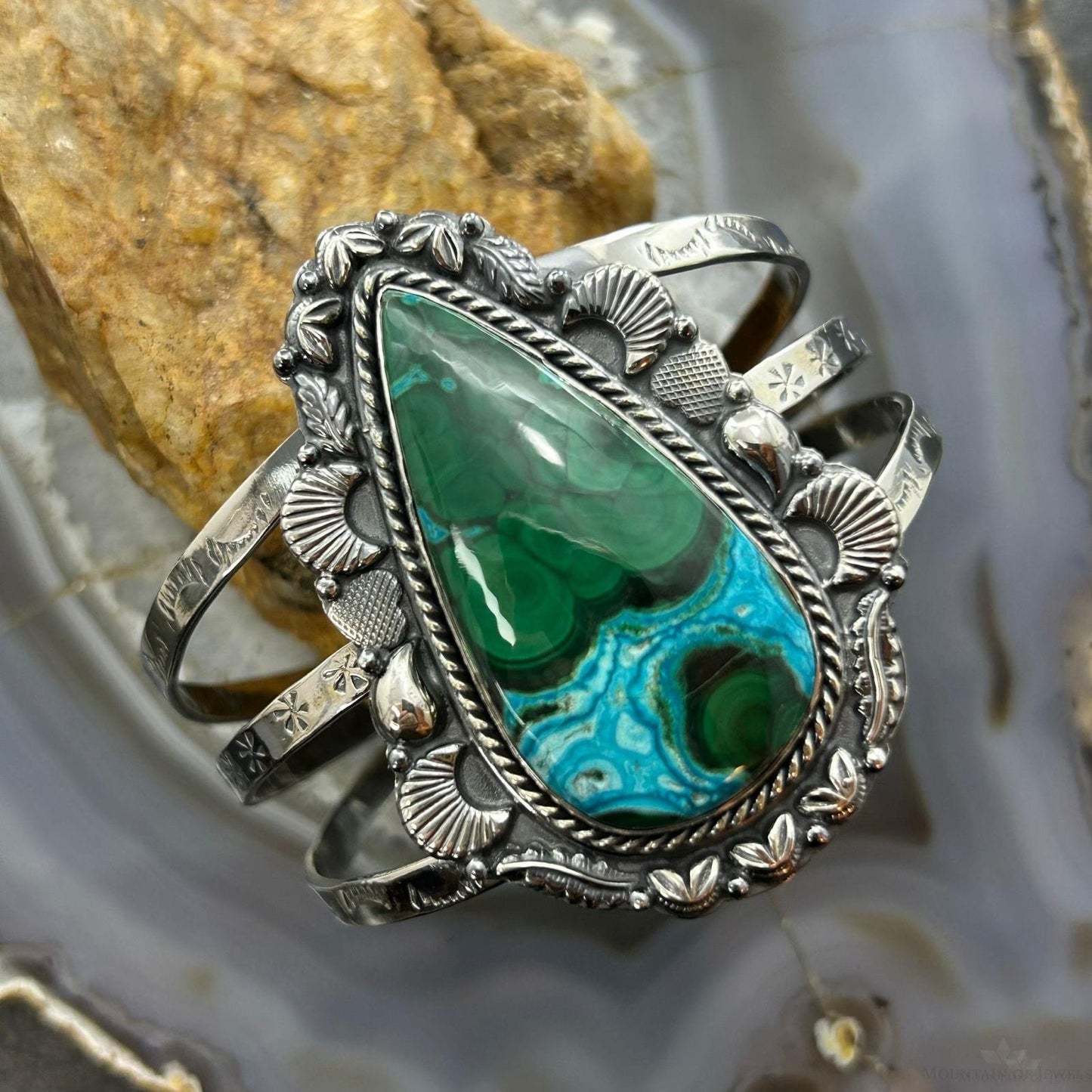 Sterling Silver Southwestern Style Elongated Teardrop Malachite Azurite Bracelet For Women