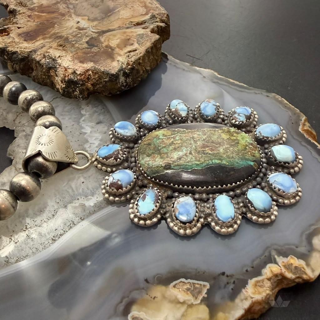 Sterling Silver Southwestern Style Blackjack & Golden Hill Turquoise Pendant For Women