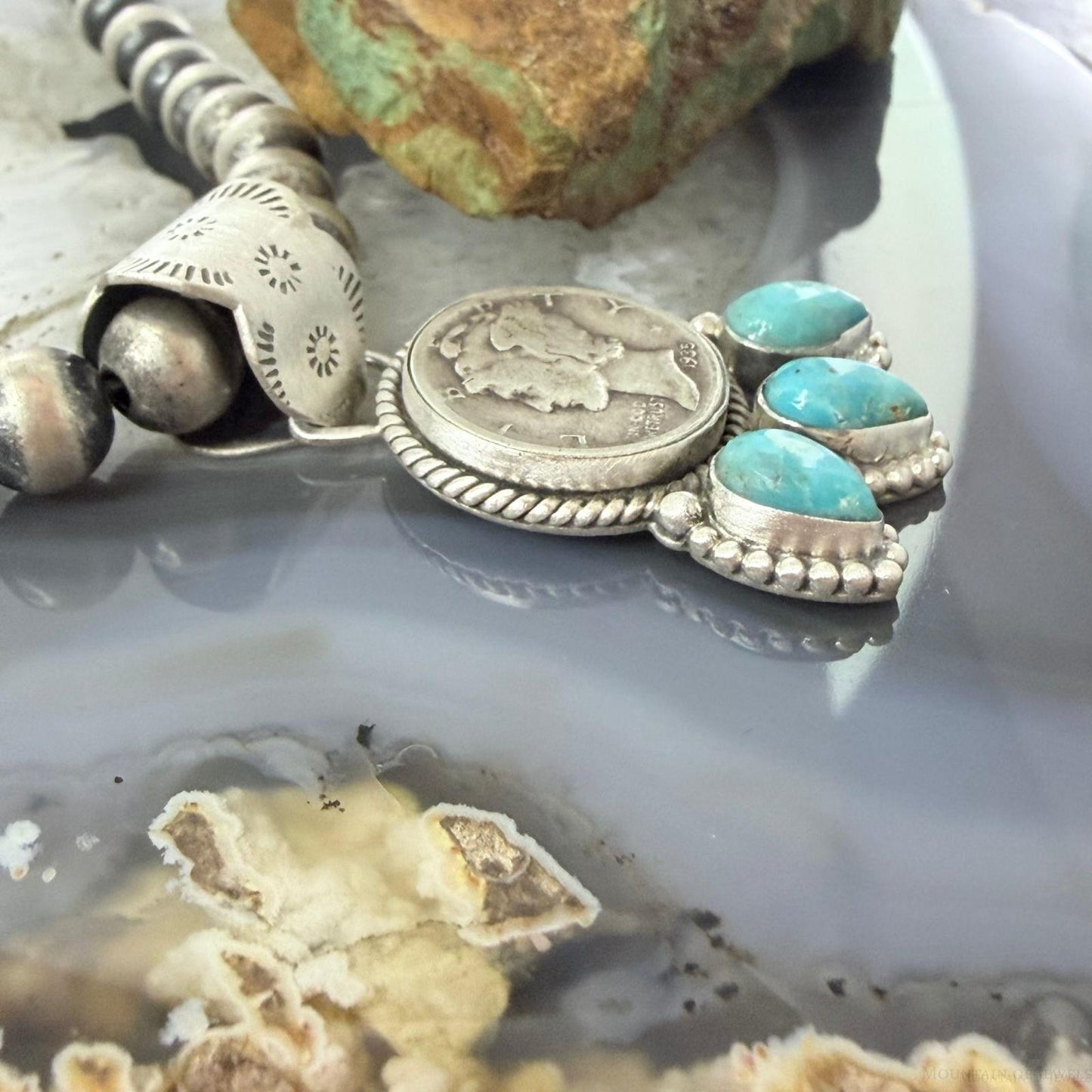 Genuine 1935 Silver 90% Silver Mercury Dime Coin Mohave Turquoise Unisex Sterling Silver Pendant