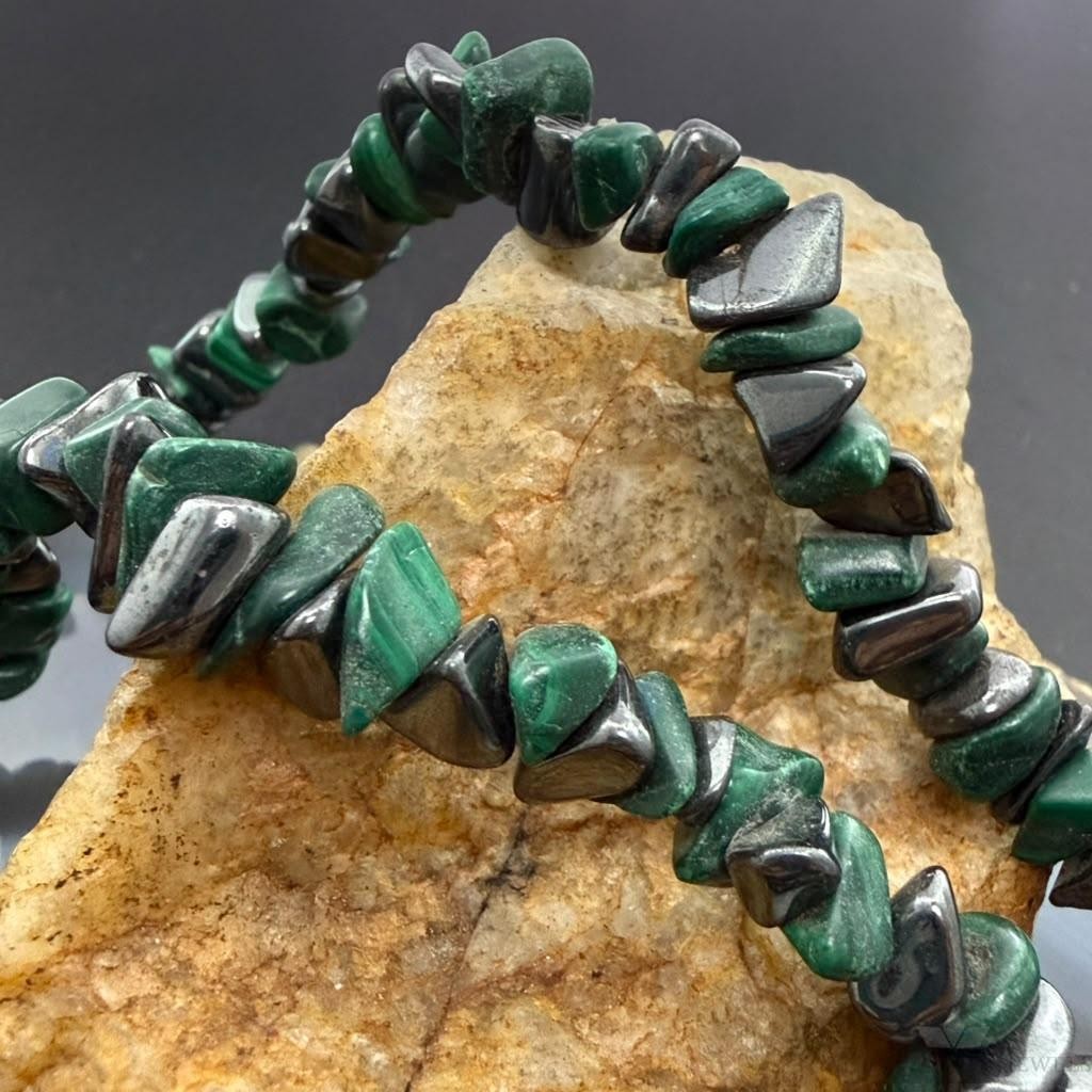 Vintage Natural Malachite & Hematite 34" Necklace For Women