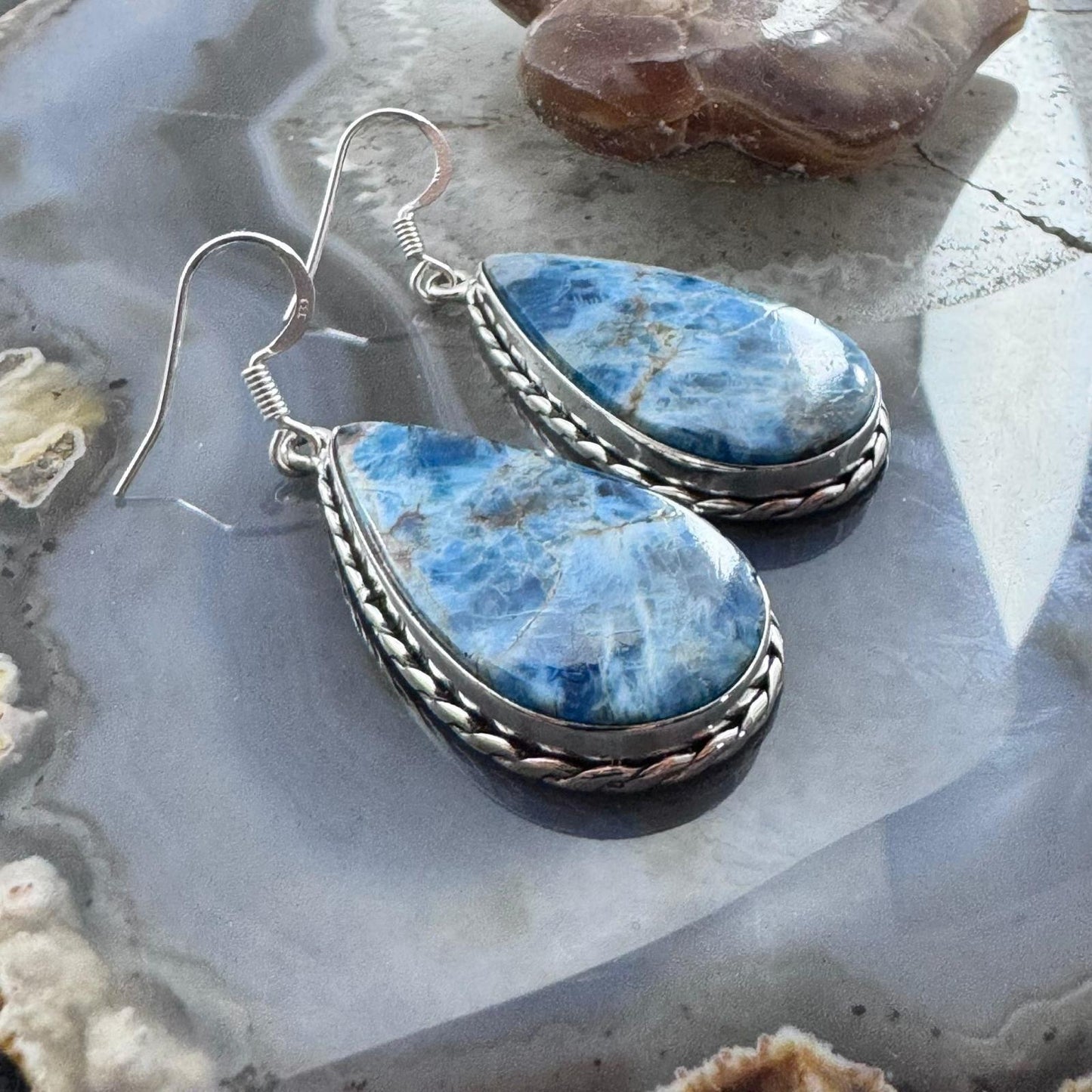 Sterling Silver Southwestern Style Teardrop Blue Apatite Dangle Earrings For Women