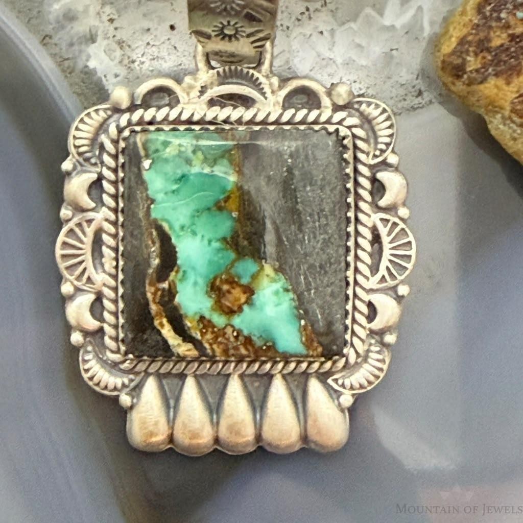 Sterling Silver Southwestern Style Square Blackjack Turquoise Decorated Pendant