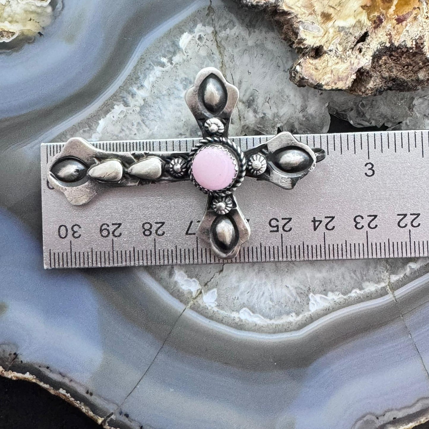 Richard Yazza Sterling Silver Round Pink Conch Decorated Unisex Cross Pendant