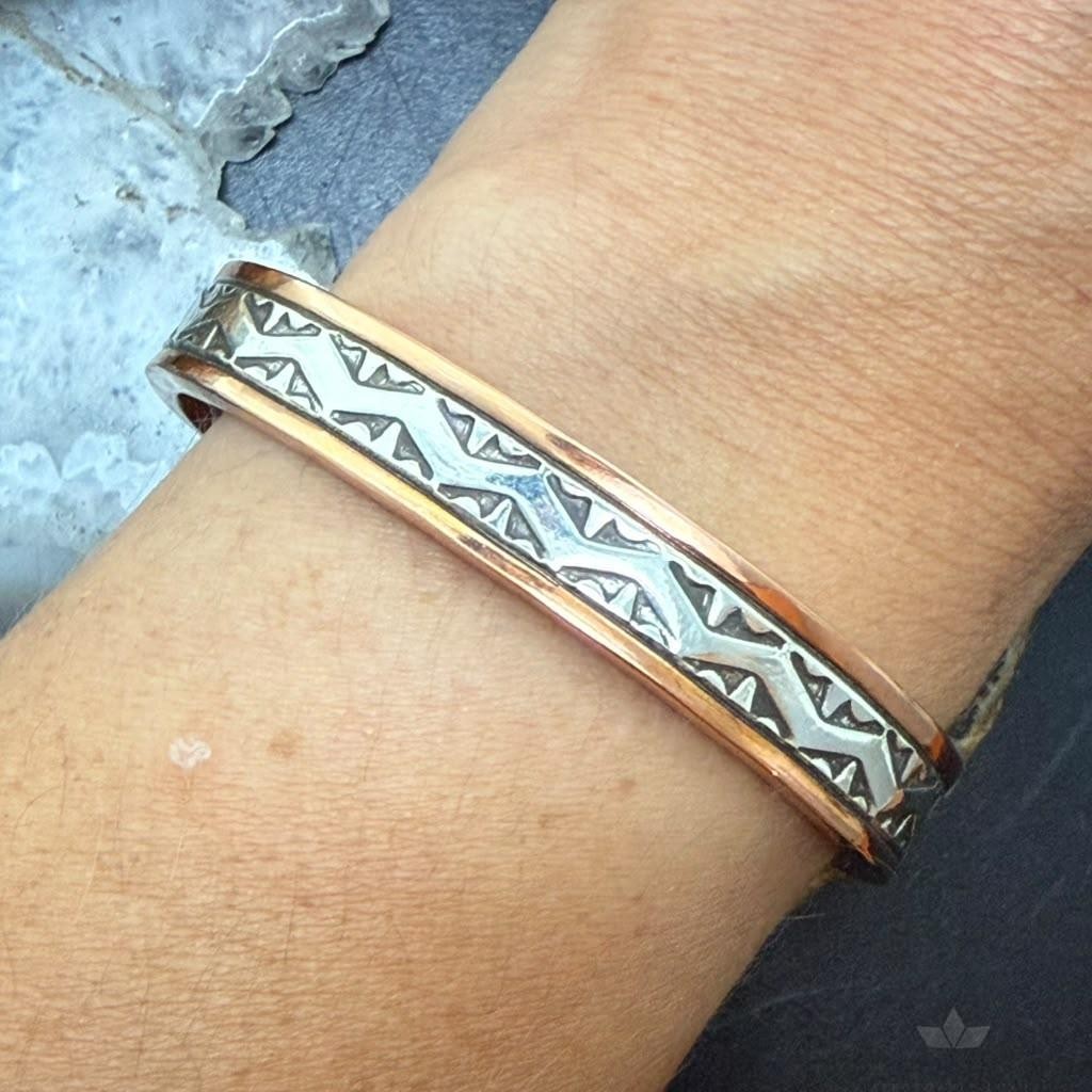 Wylie Secatero Navajo Sterling Silver & Copper Stamped Bracelet For Women #1