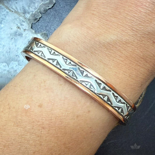 Wylie Secatero Navajo Sterling Silver & Copper Stamped Bracelet For Women #1