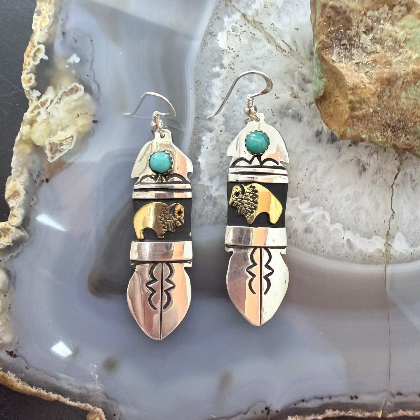 Tommy & Rosita Singer Sterling Silver & GF Bison w/Turquoise Dot Dangle Earrings For Women