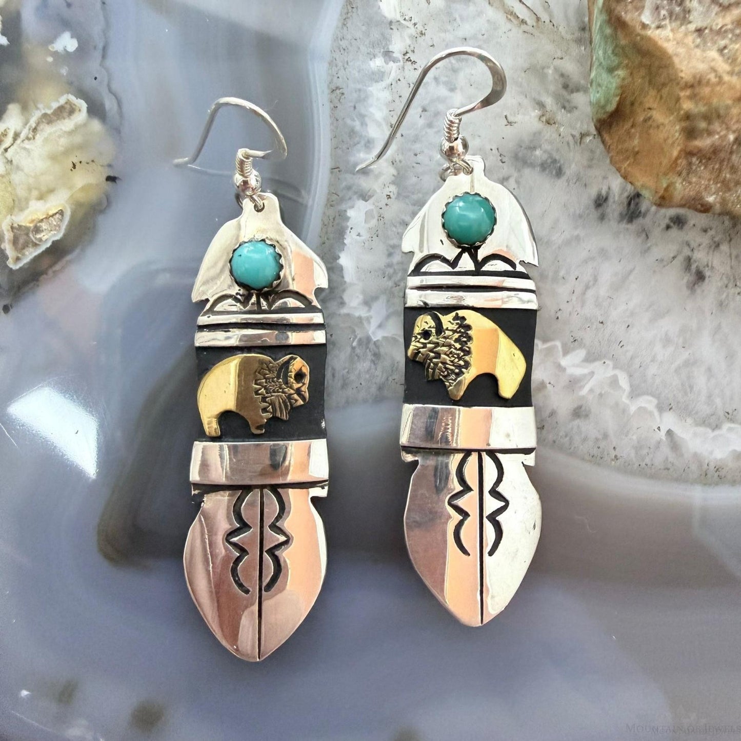 Tommy & Rosita Singer Sterling Silver & GF Bison w/Turquoise Dot Dangle Earrings For Women