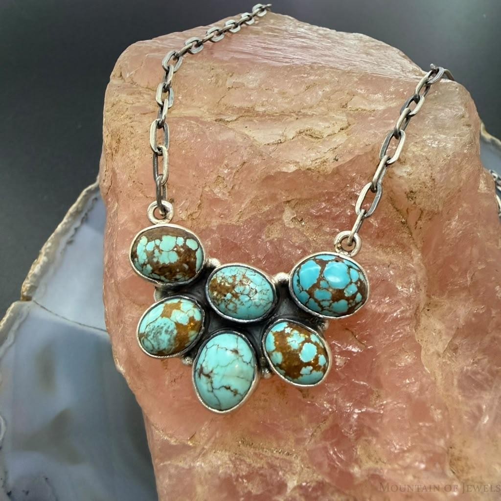 Sterling Silver Southwestern Style Oval Turquoise #8 22" Necklace For Women