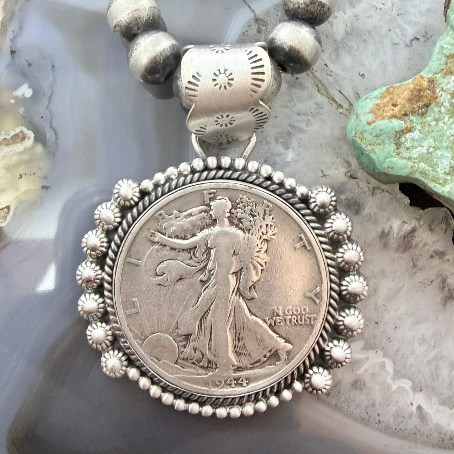1944 Genuine 90% Silver US Walking Liberty Half Dollar Decorated Unisex Pendant