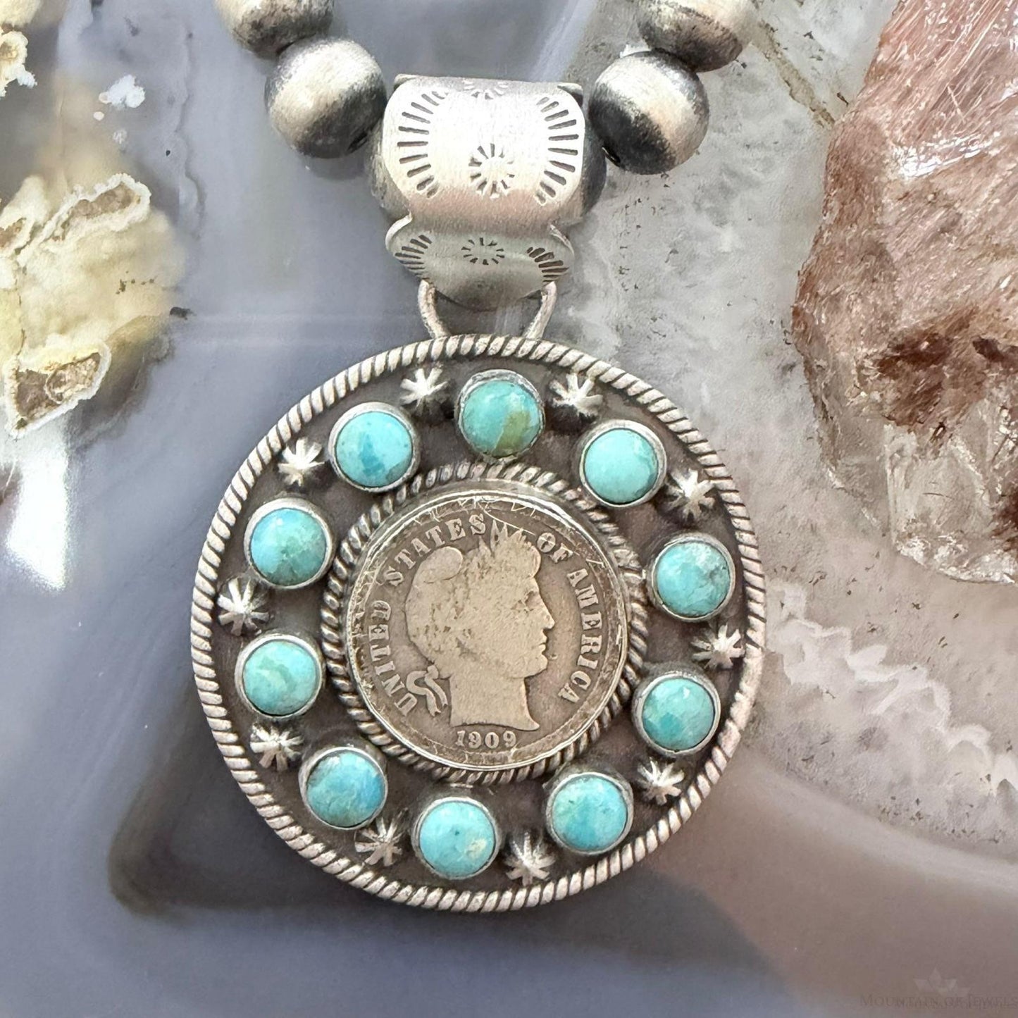 Genuine 1909 90% Silver Barber Head Dime Coin w/Mohave Turquoise Unisex Pendant