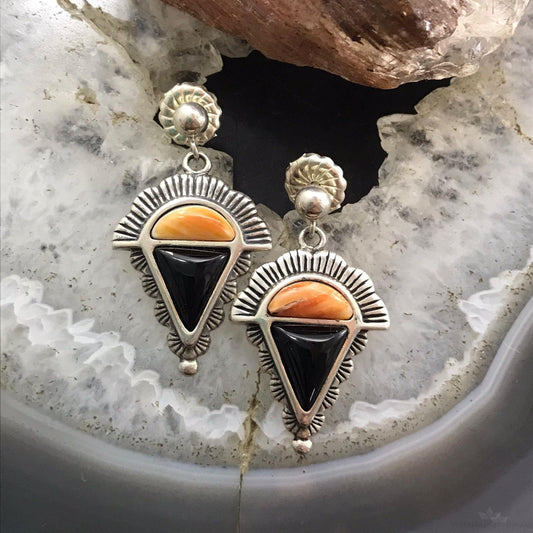 Carolyn Pollack Sterling Silver Orange Spiny Oyster & Onyx Decorated Dangle Earrings