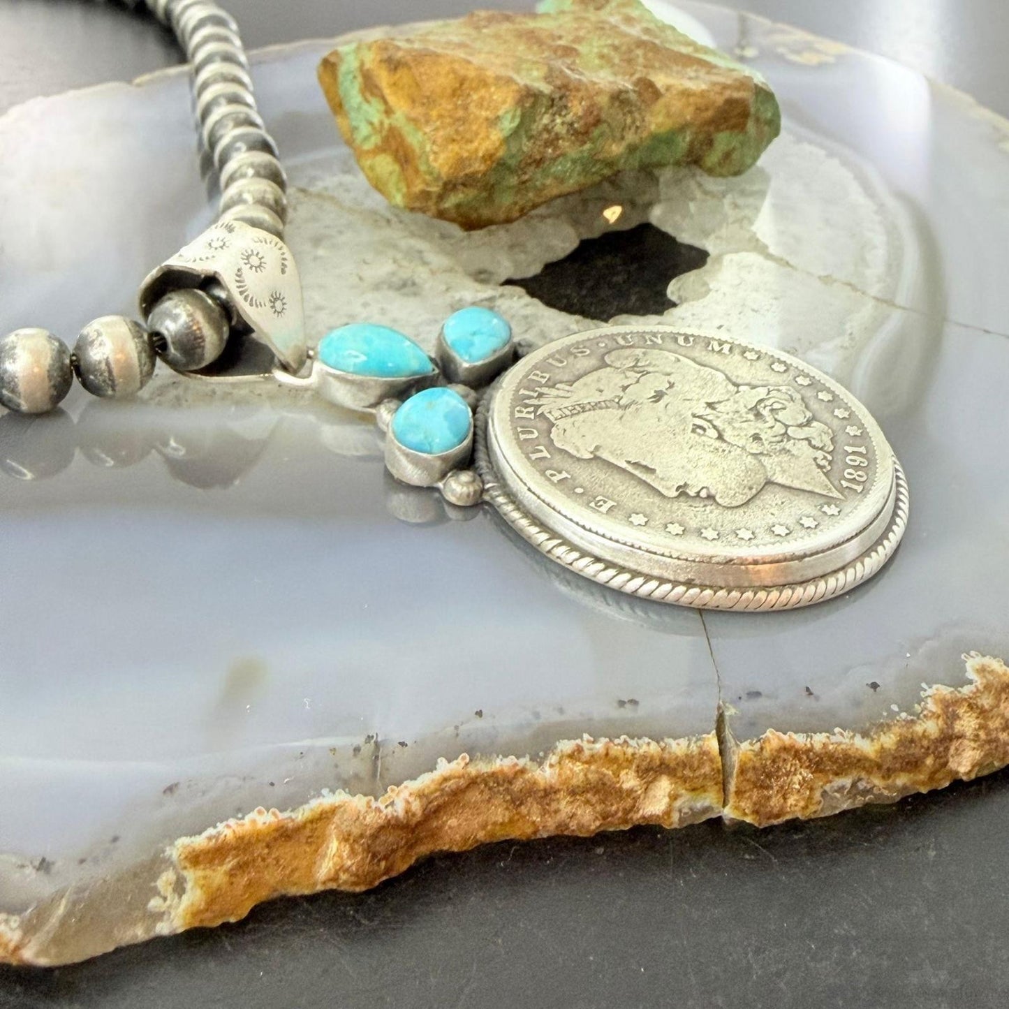 Genuine 1891 90% Silver Morgan Dollar Coin Teardrop Turquoise Decorated Pendant