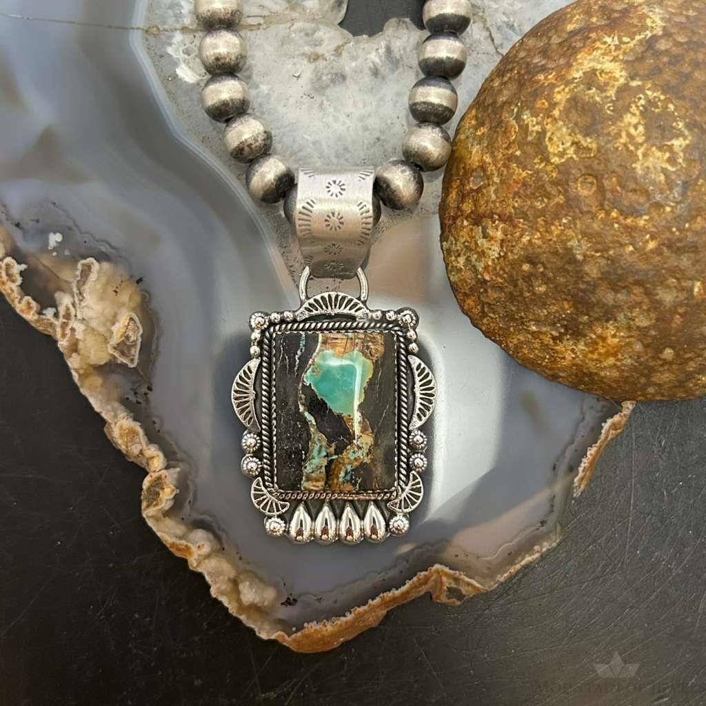 Sterling Silver Southwestern Style Rectangle Blackjack Turquoise Pendant For Women #1