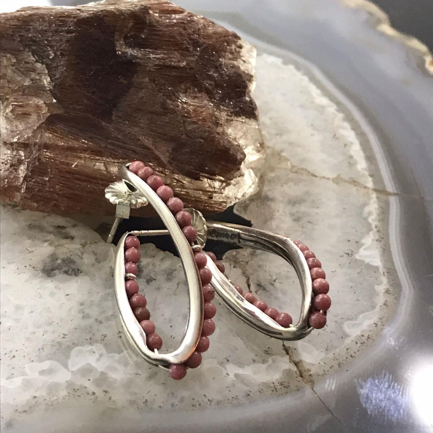 Carolyn Pollack Sterling Silver 23 Rhodonite Bead Curved Hoop Earrings For Women