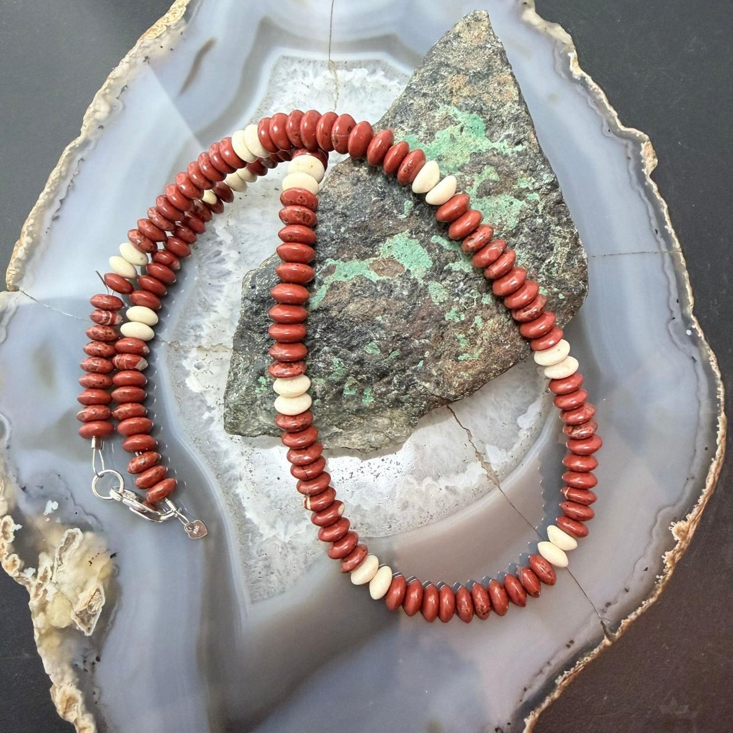 Sterling Silver Southwestern Style Red Jasper &Petrified Wood Beads Saucer 18" Necklace