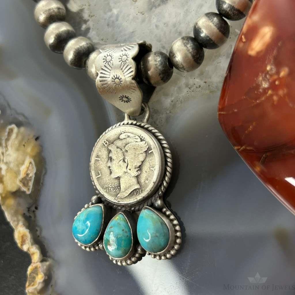 Genuine 1917 90% Silver Mercury Dime Coin w/Teardrop Turquoise Decorated Unisex Pendant