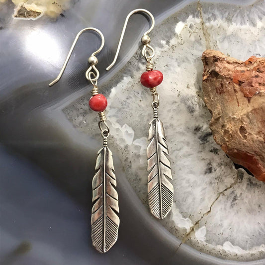 Carolyn Pollack Sterling Silver Coral Bead Feather Dangle Earrings For Women