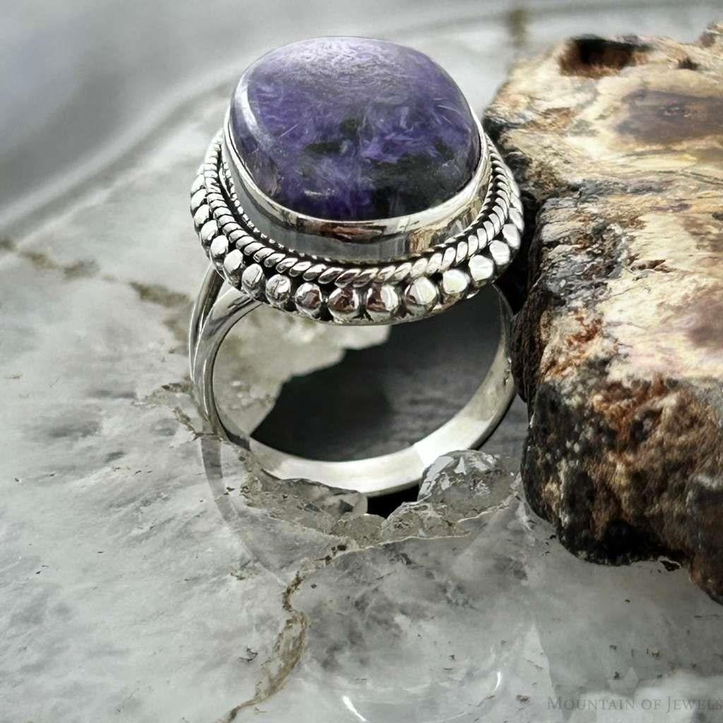 Sterling Silver Southwestern Style Oval Charoite Decorated Ring Size 6.75 For Women