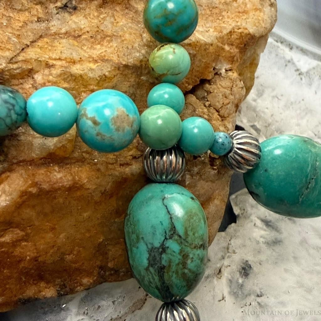 Carolyn Pollack Sterling Silver Round & Oval Turquoise Beads Decorated 20"-22" Necklace For Women