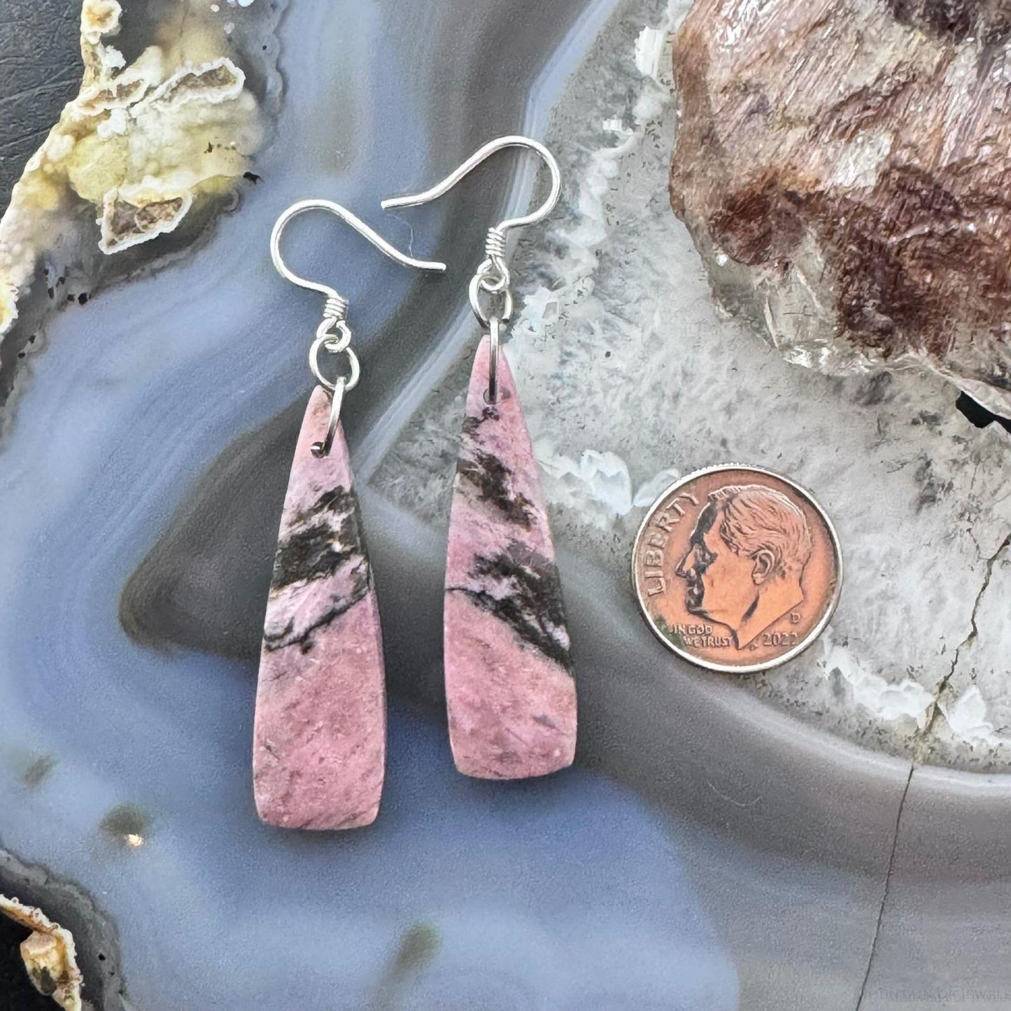 Sterling Silver Elongated Triangle Rhodonite Slab Dangle Earrings For Women #241