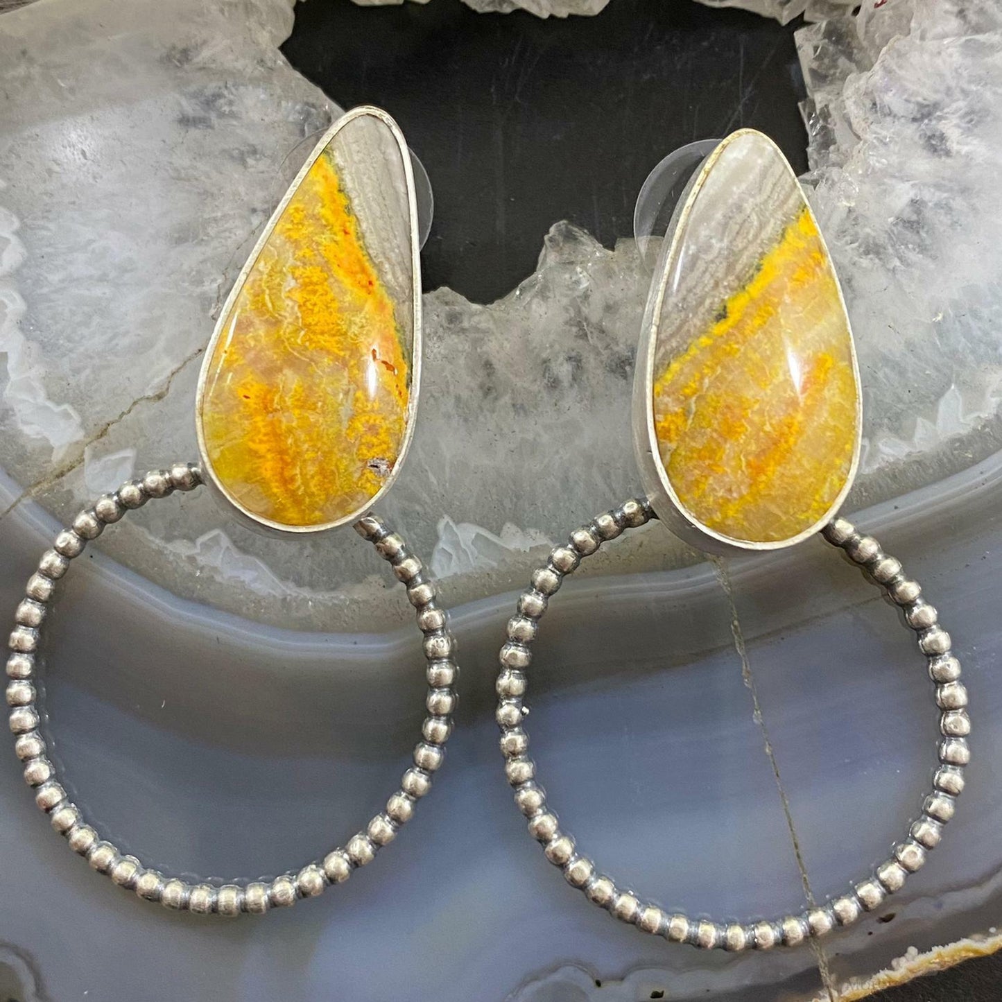 Sterling Silver Bumblebee Jasper w/ Hoop Post Earrings For Women