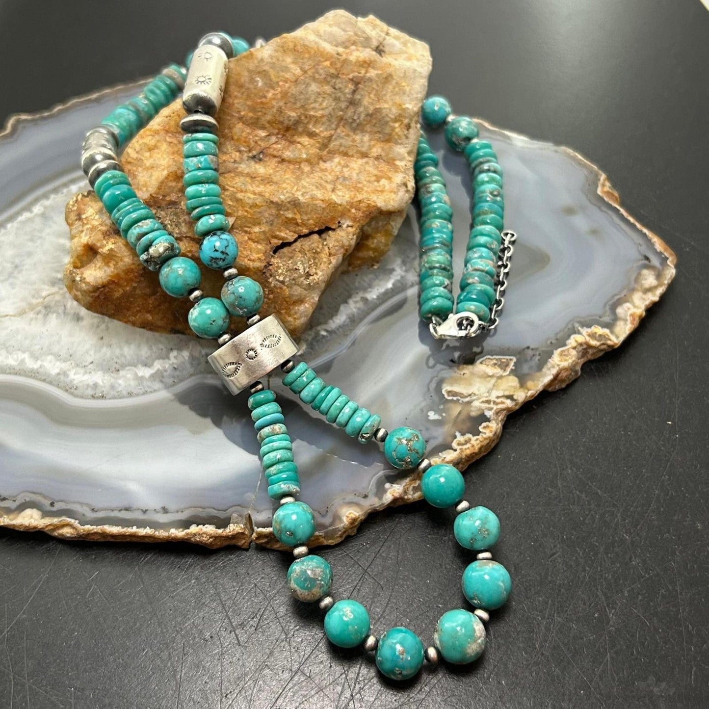 Sterling Silver Southwestern Style Turquoise Beads & Sterling Beads 26"-28" Necklace For Women