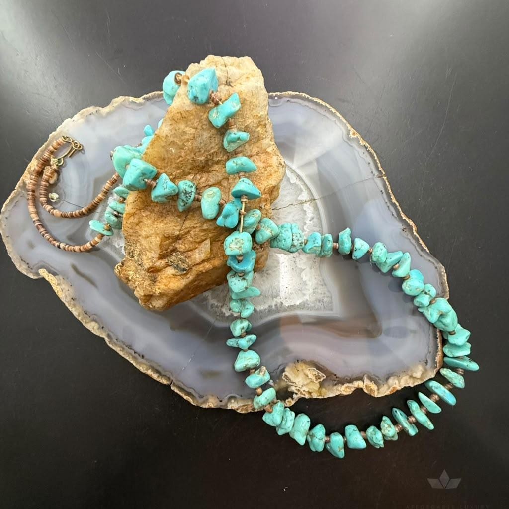 Vintage Native American Chunky Turquoise & Heishi Shell 28" Necklace For Women